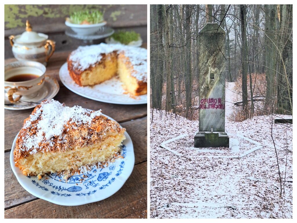 Kuchen mit Kokosflocken und ein Denkmal in Wald in Niederschlesien.