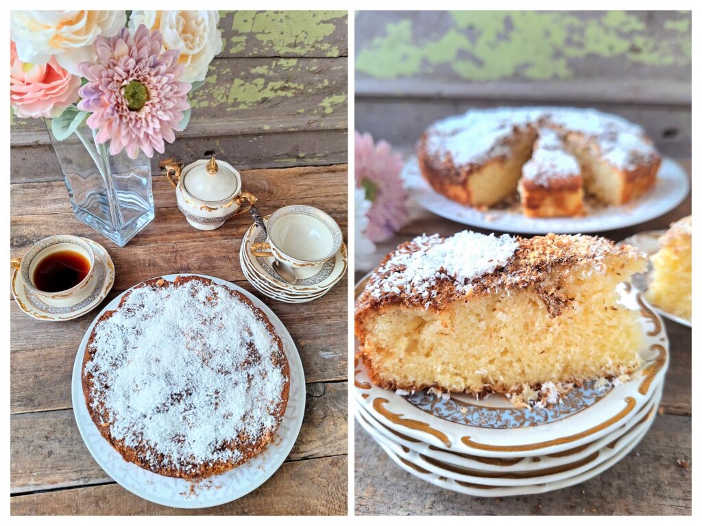 Runderkuchen mit Kokosflocken und ein Stück von diesem Kuchen.