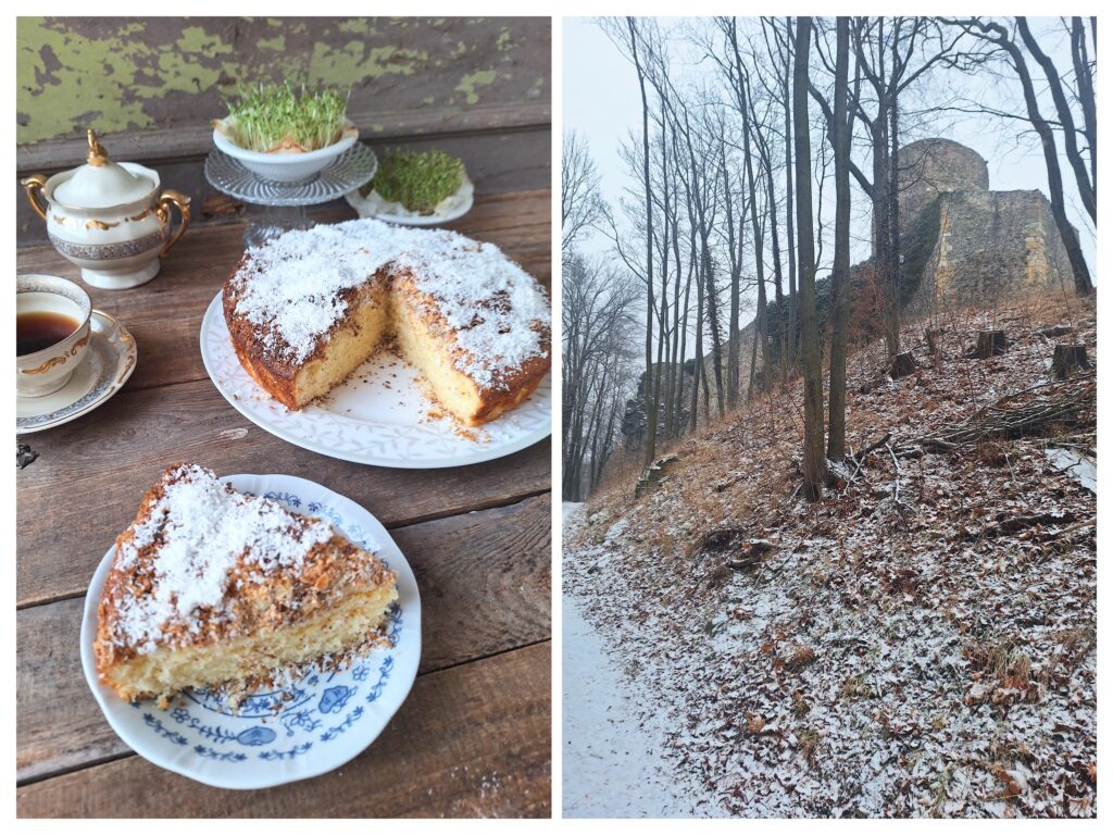 Angeschnittener runder Kokos-Kuchen und Lenno-Zamek in Polen.