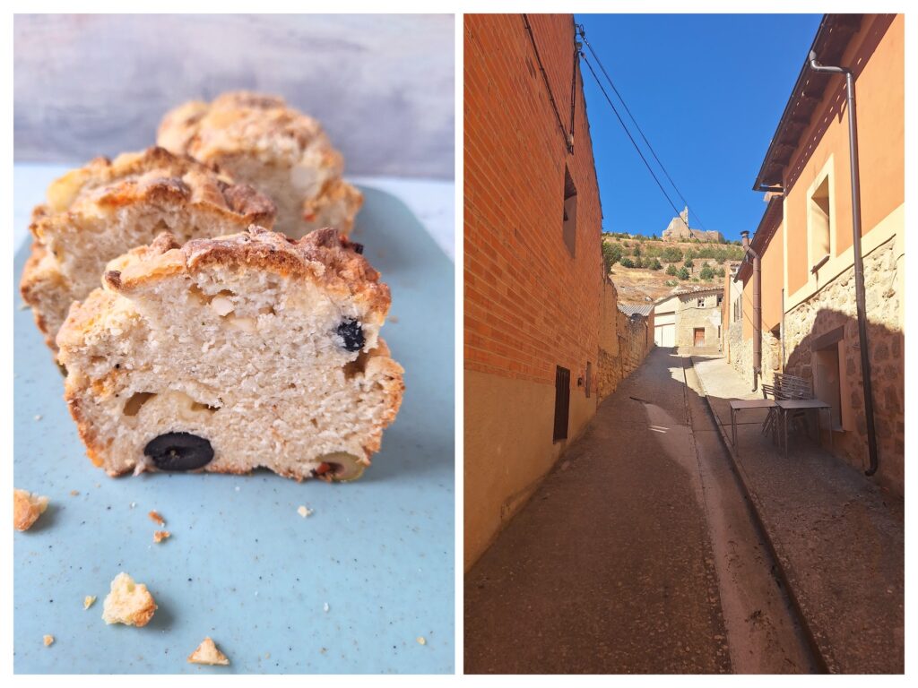 Selbstgemachtes Oliven-Käse-Brot und eine sonnige Strasse in Castrojeritz.