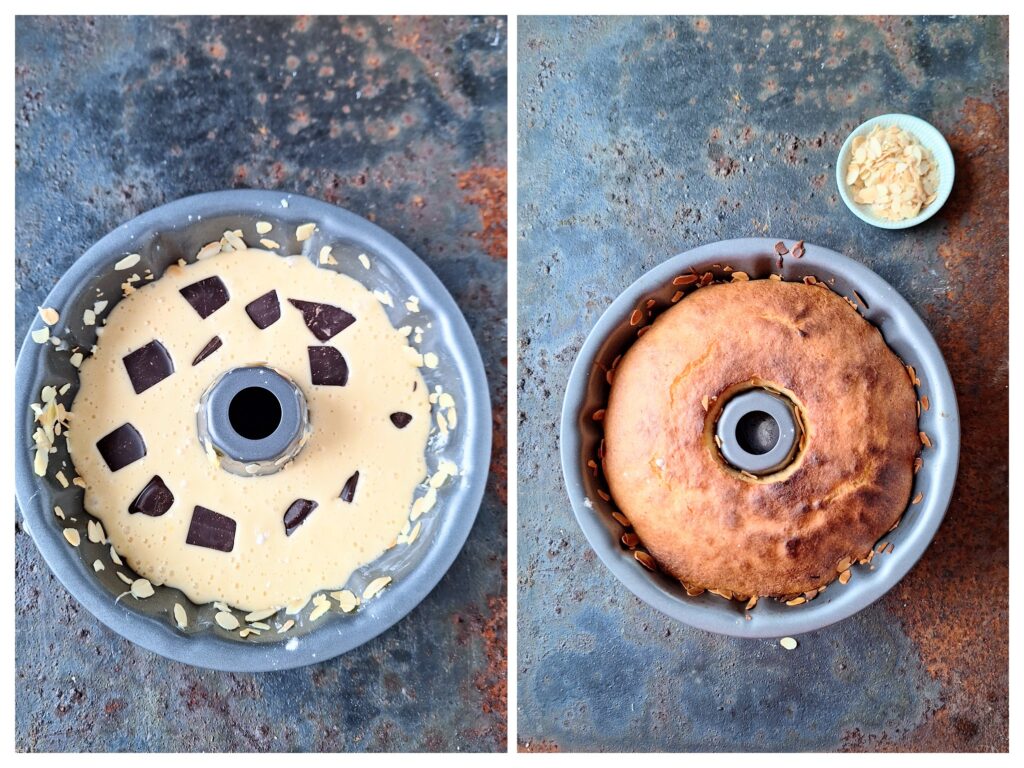 Gugelhupfkuchen in der Form- roh und gebacken.