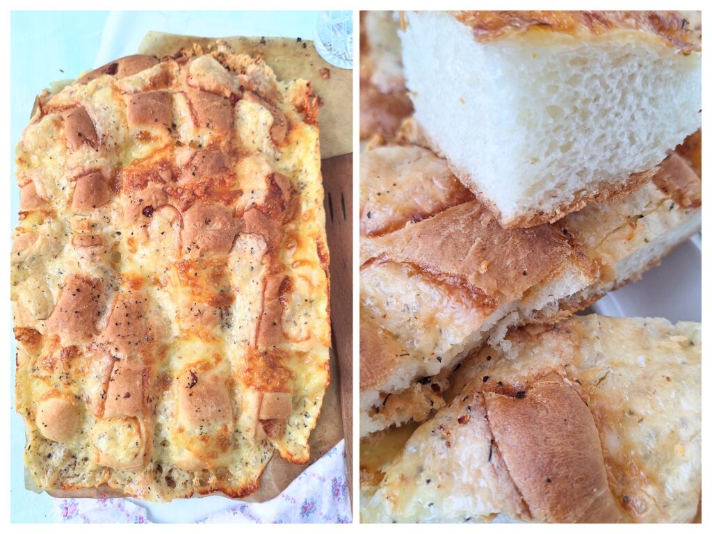 Ganzes Mozarella-Zupfbrot udn daneben angeschnittenes ganz nah.