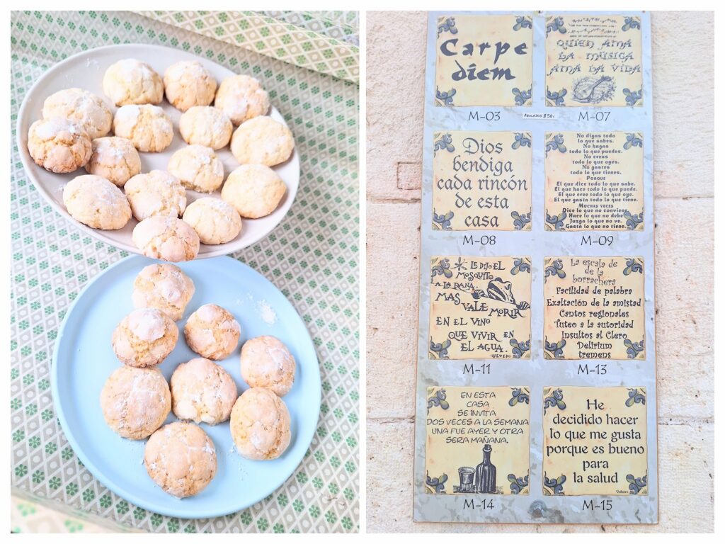 Selbstgemachte Zitronenkekse und spanische Wandtafeln mit Sprüchen auf spanisch.