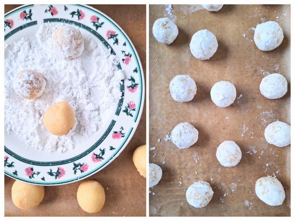 Rohe Teigbällchen gewälzt in Puderzucker.