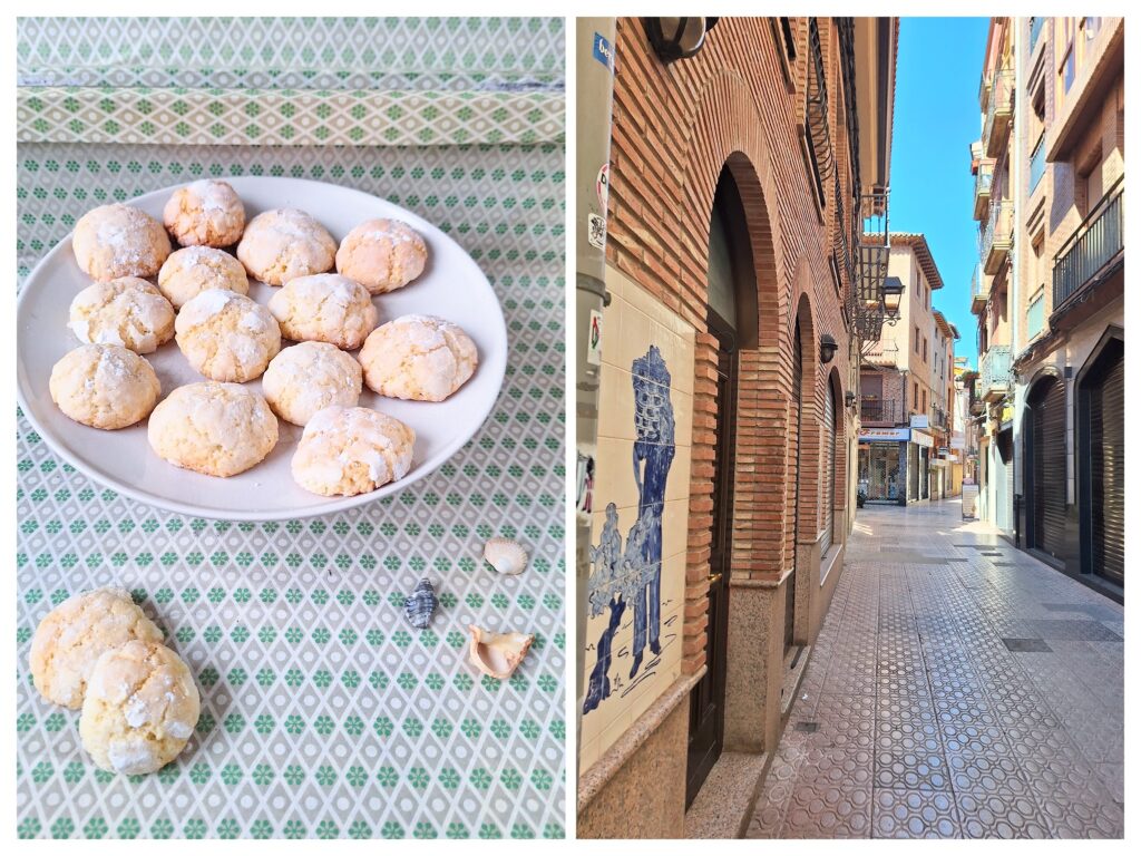 Zitronen-Crinkle-Cookies auf dem Teller und recht Strasse in Nordspanien.