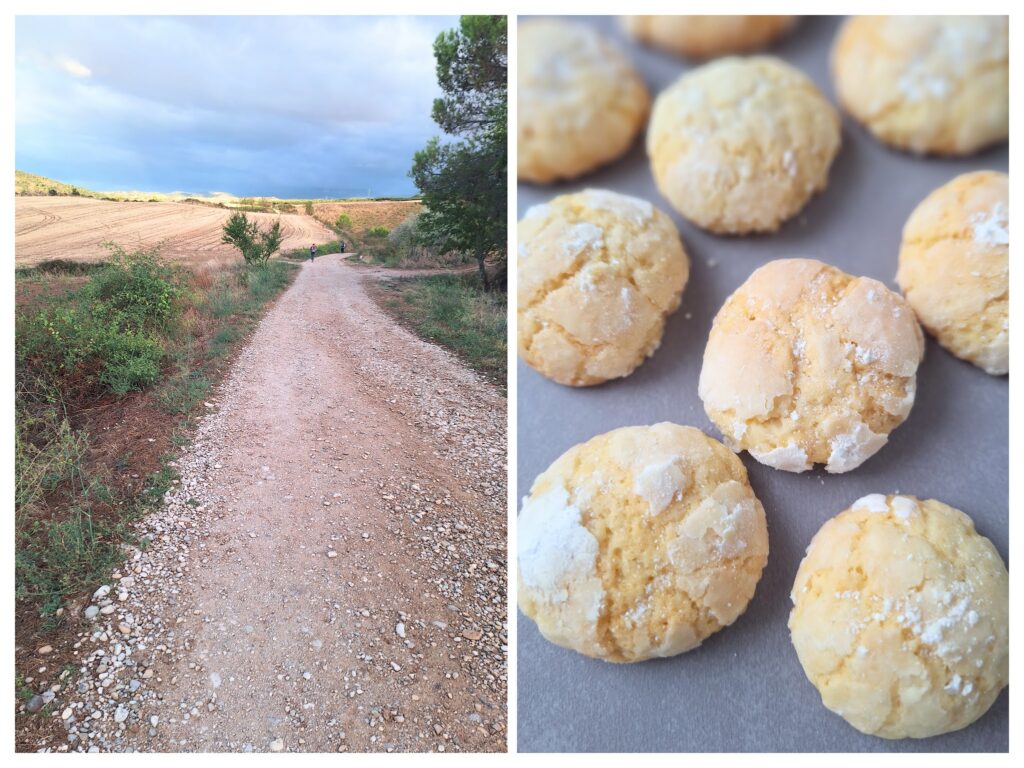 Ein Feldweg auf camino frances links und Nahaufnahme von Zitronenkeksen.