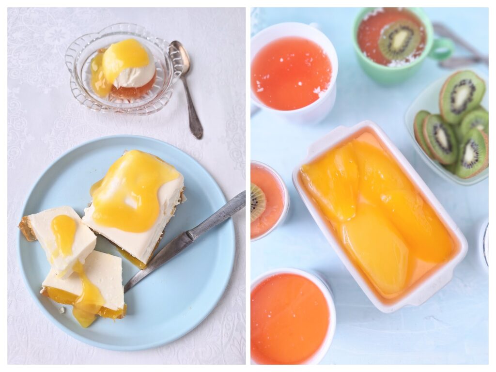 Selbstgemachte Panna Cota in einem eckigen Behälter und viele kleine Tassen mit diesem Dessert.