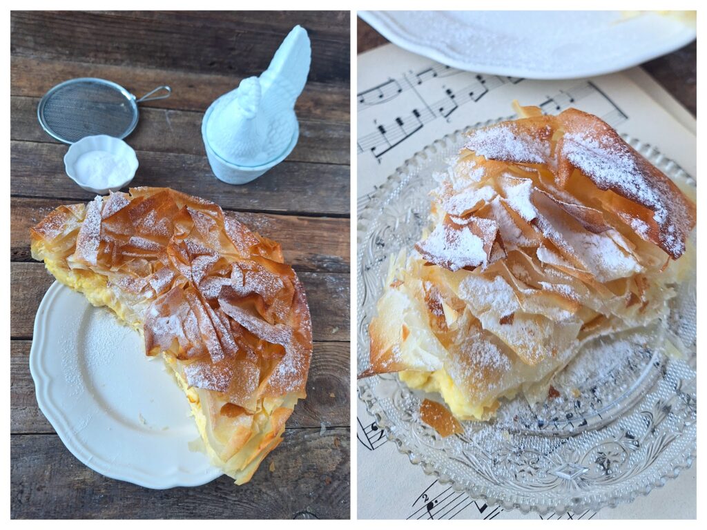 Filoteigtorte mit Pudding auf dem Teller.