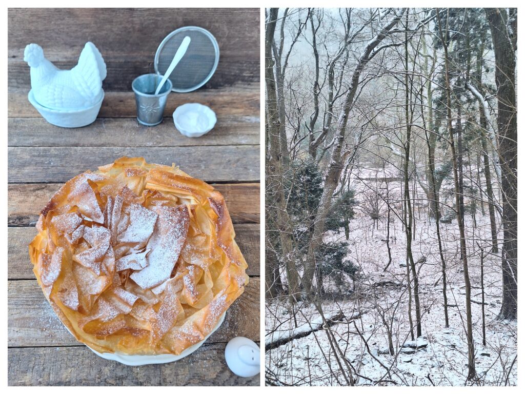 Filoteigtorte mit Puderzucker von oben und Niederschlesien im Winter, Lehnhaus.