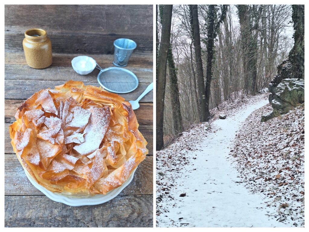 Runde Filotorte mit Puderzucker und ein Weg am Lenno-Zamek in Lähn.