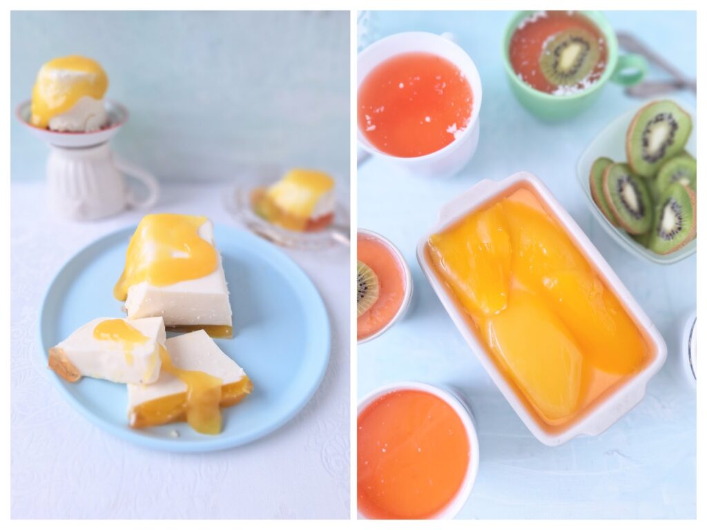 PannaCotta-Dessert auf Mango mit Orangensoße.