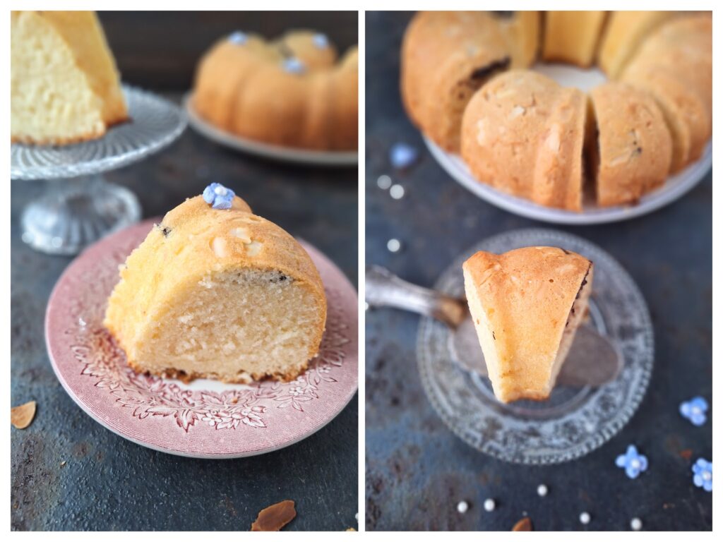 Stücke von selbstgemachten Napfkuchen und kleine Fondantblümchen.
