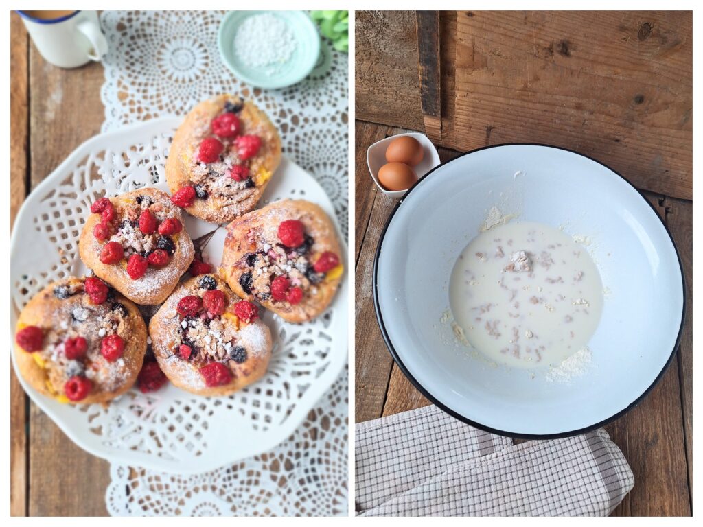 Viele  Dinkel-Streuseltaler mit Pudding und frischen Beeren auf einem Teller und Hefe.
