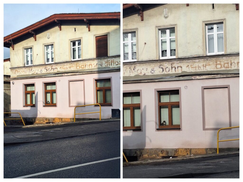  Deutsche Schilder an der Hausfassade in Hirschberg, Polen.