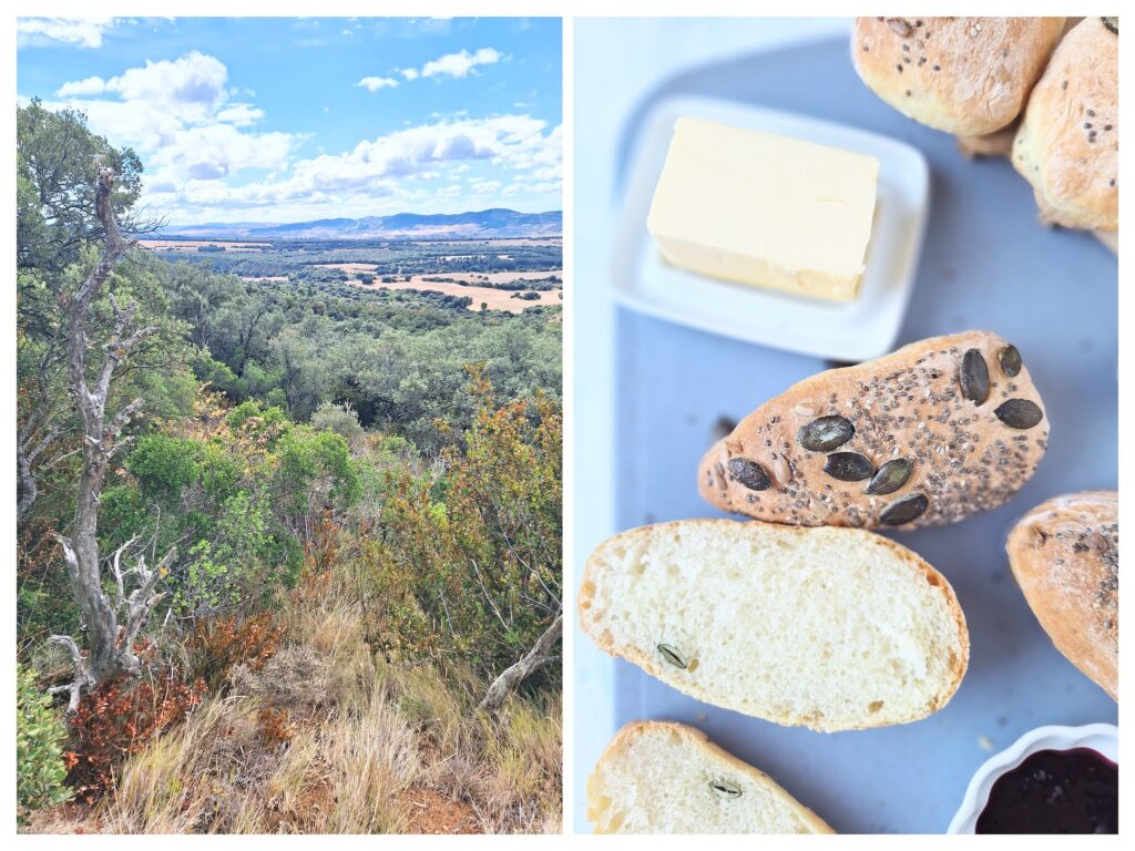 Landschaft bei Alto del Perdón ind Spanien und rechts Körnerecken und Butter.