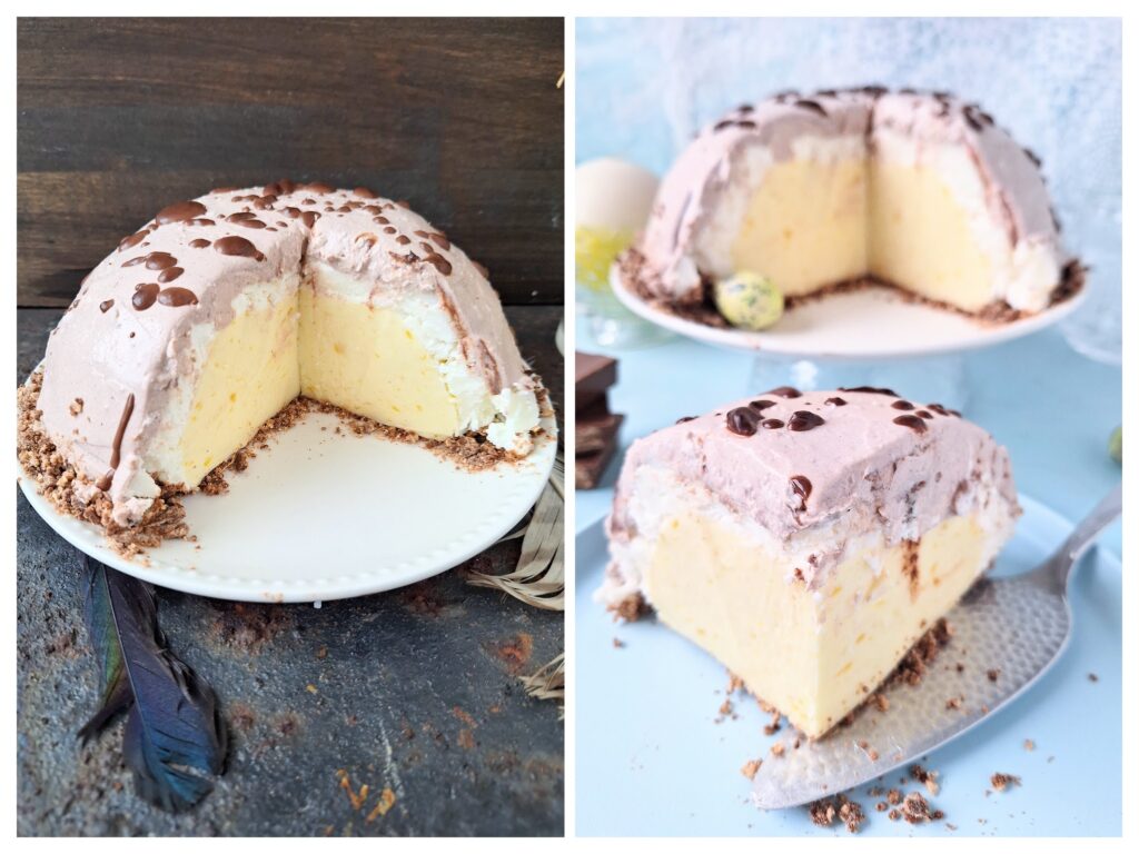 Angeschnittene Kuppel-Torte mit gelblicher Füllung , umschlossen mit einer weißen Füllung.