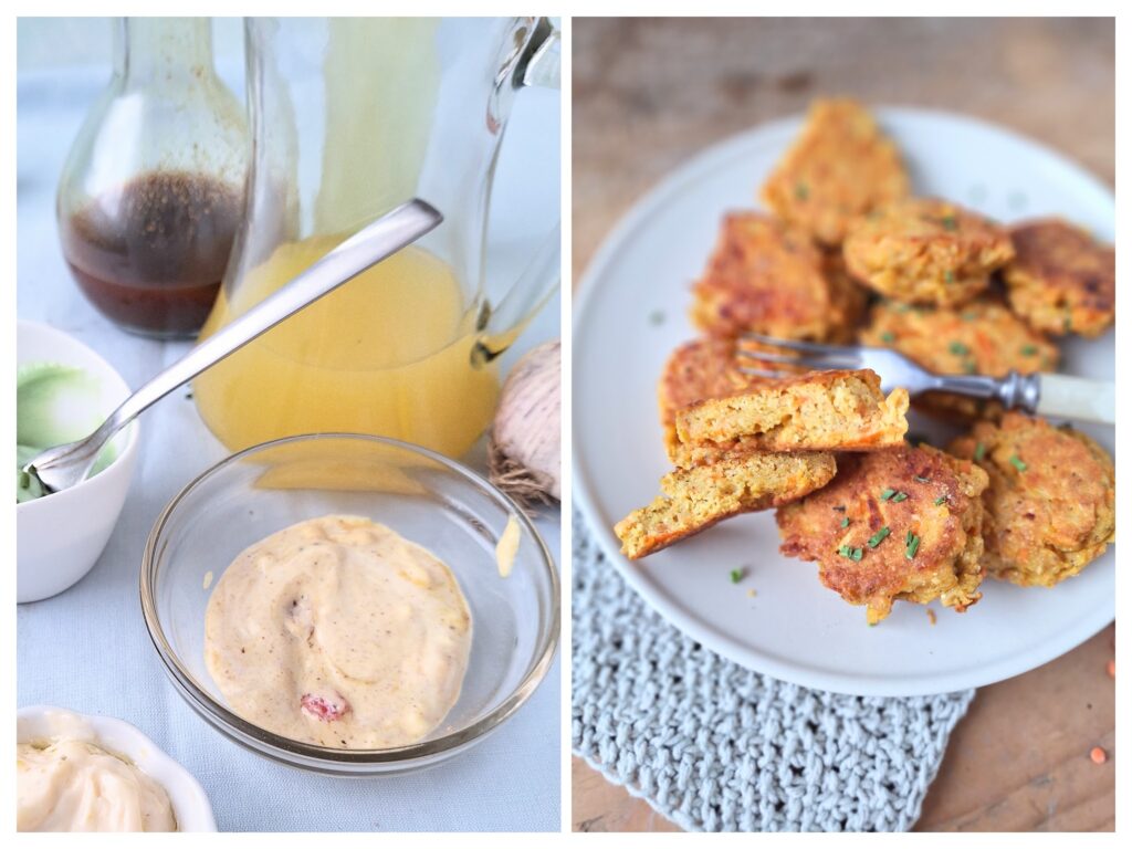 Mayo-Dip in einer Schale und Linsenpuffer auf einem Teller.