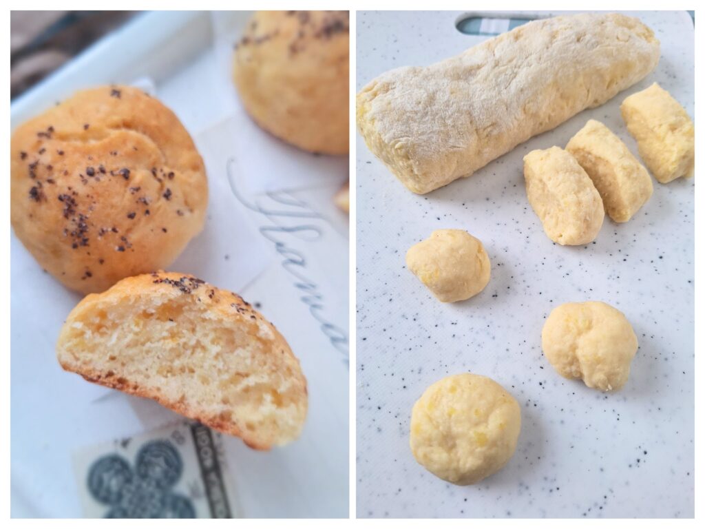 Nahaufnahme eines aufgeschnittenen Kartoffelkekses und roher Kartoffelteig.