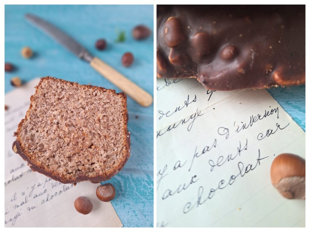 Ein Stück vom Nusskuchen aus der Kastenform, Haselnüsse und ein Brief auf französich, chocolat.