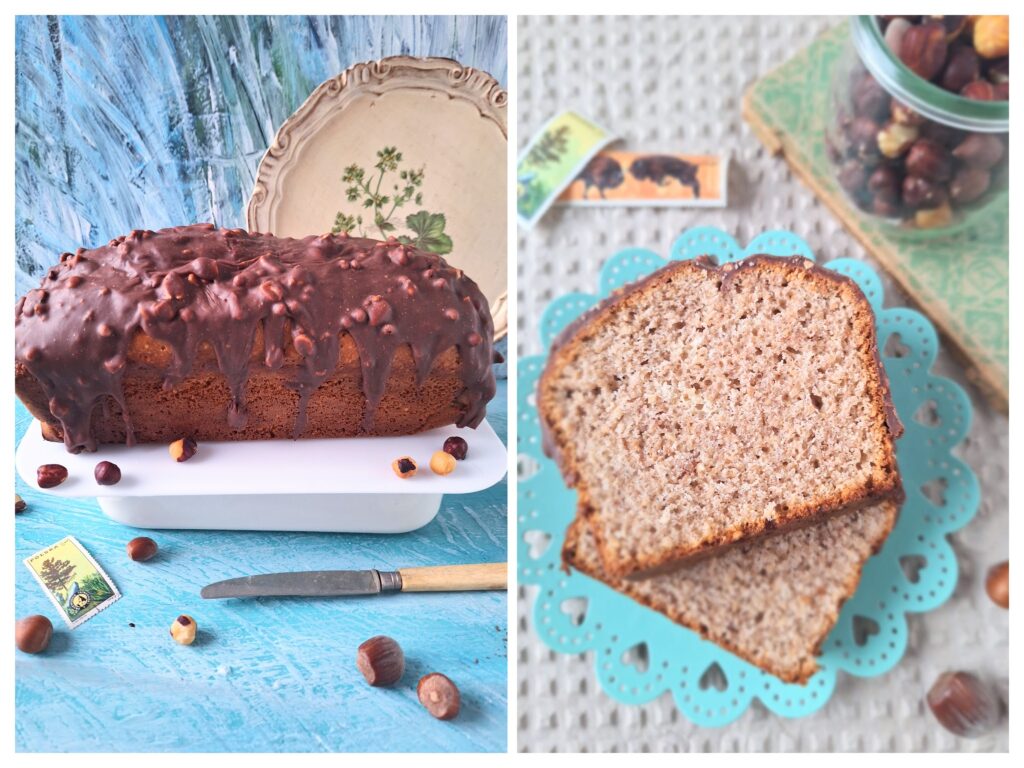 Nusskuchen mit Schokoglasur und Briefmarken.