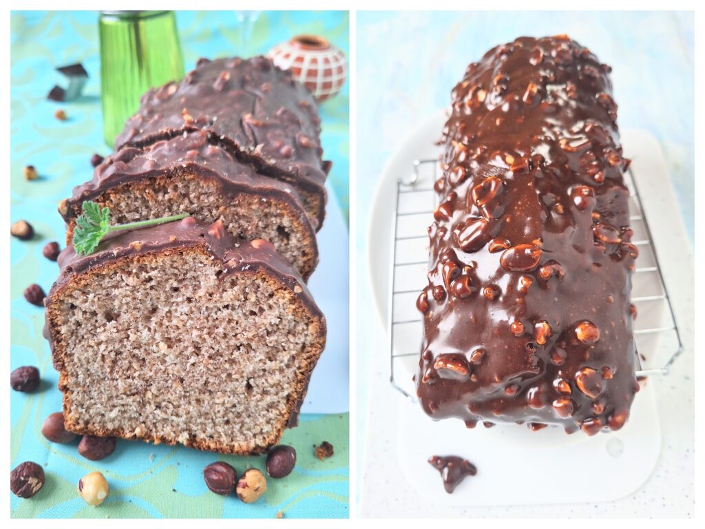 Angeschnittener Nusskuchen mit Schokolade auf grünem Hintergrund und daneben ein ganzer glänzender Schokokuchen.