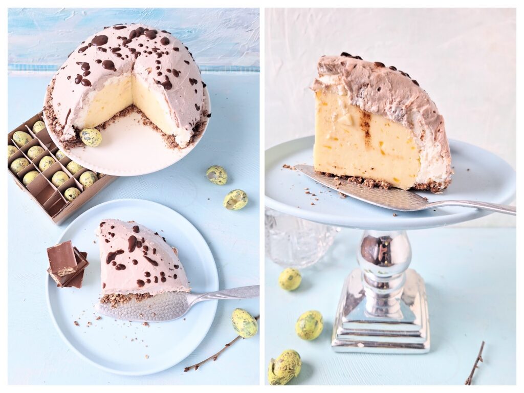 Angeschnittenen Kuppeltorte imt einem Mango- Kern und kleine Ostereier.