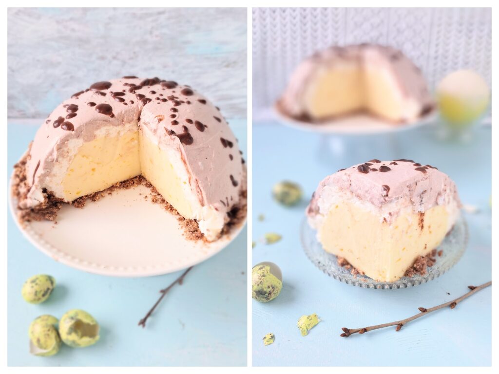 Cremige Kuppeltorte mit Schoko-Spritzern auf dem hellbraunen Frischkäse-Frosting.