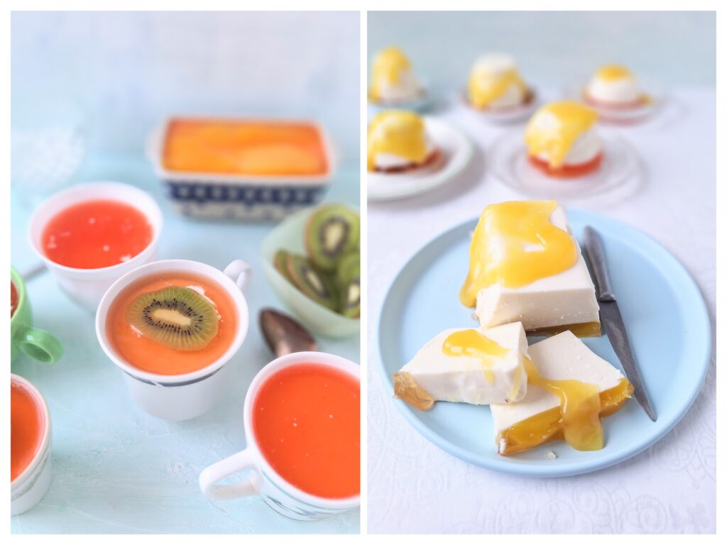 Kaffeetassen mit Panna Cotta und orangenfarbener Götterspeise und viereckige Panna Cotta.
