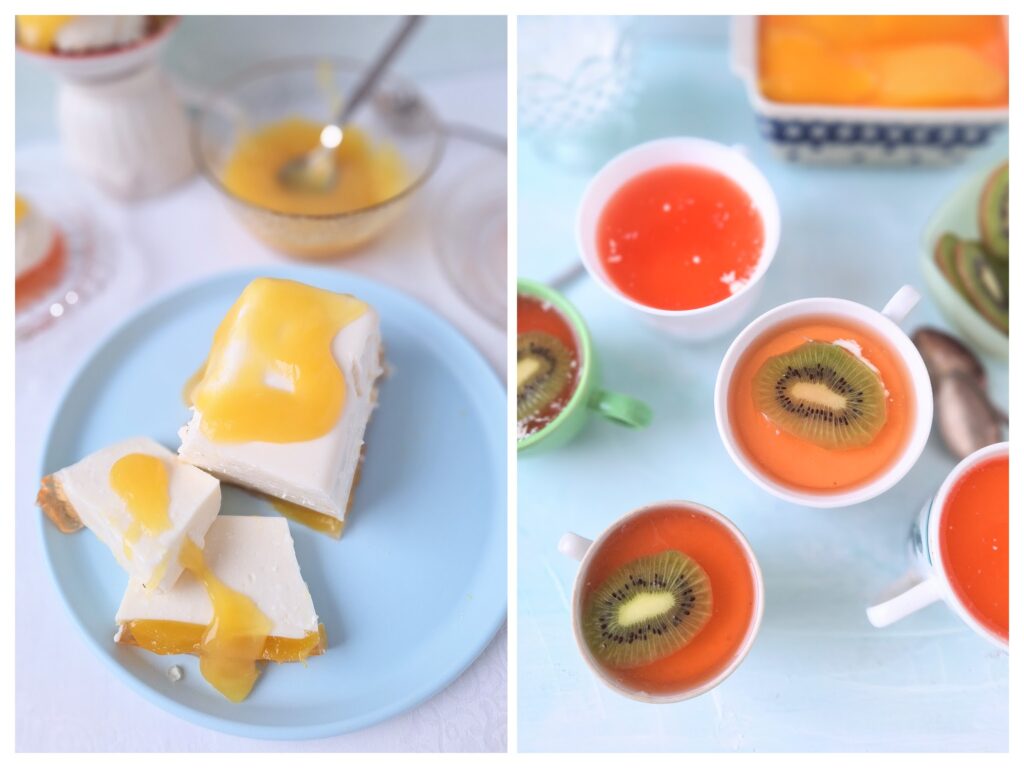 Panna Cotta auf einem hellblauen Teller und Tassen mit Speisegötter und Panna Cota.