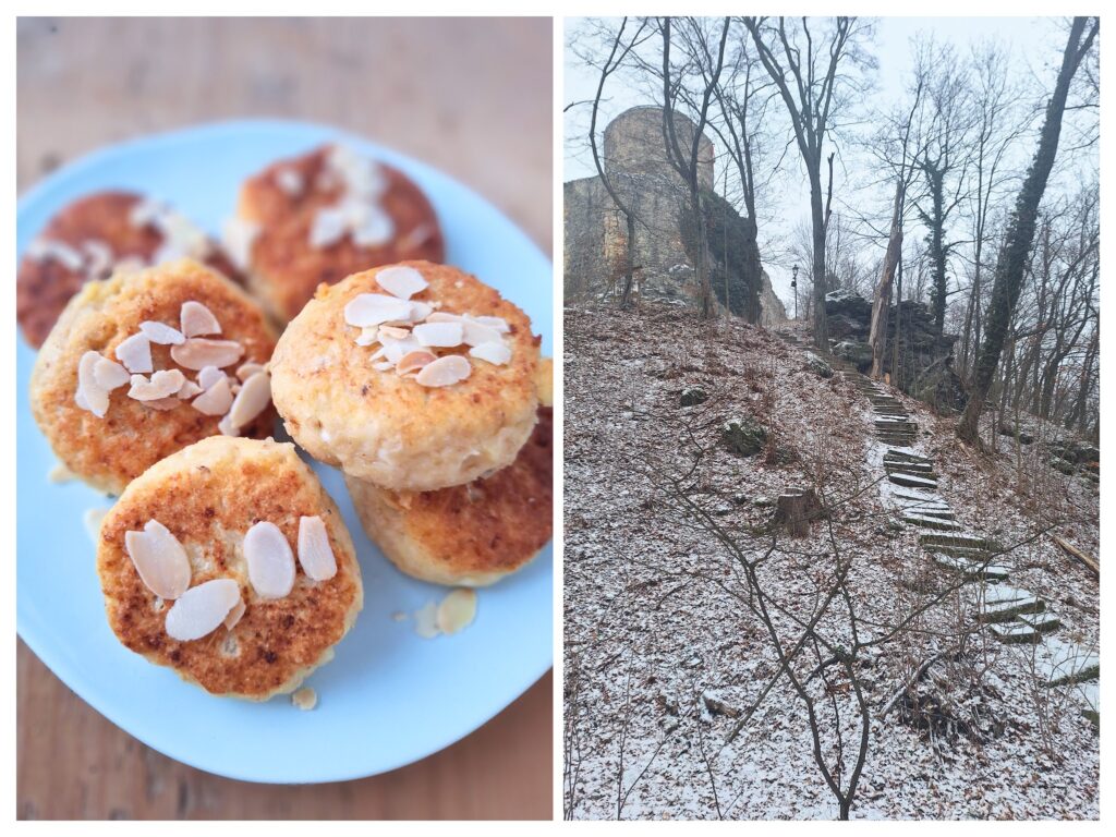Gesunde Quarktaler mit Haferflocken und Mandelbällchen und rechts die Burg Lenno Zamek.