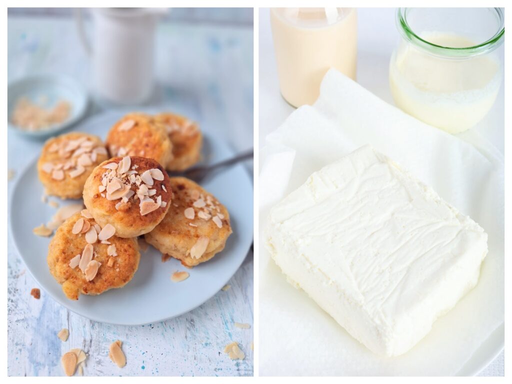 Runde Quarktaler mit Mandelblättchen und polnischer Twarog.