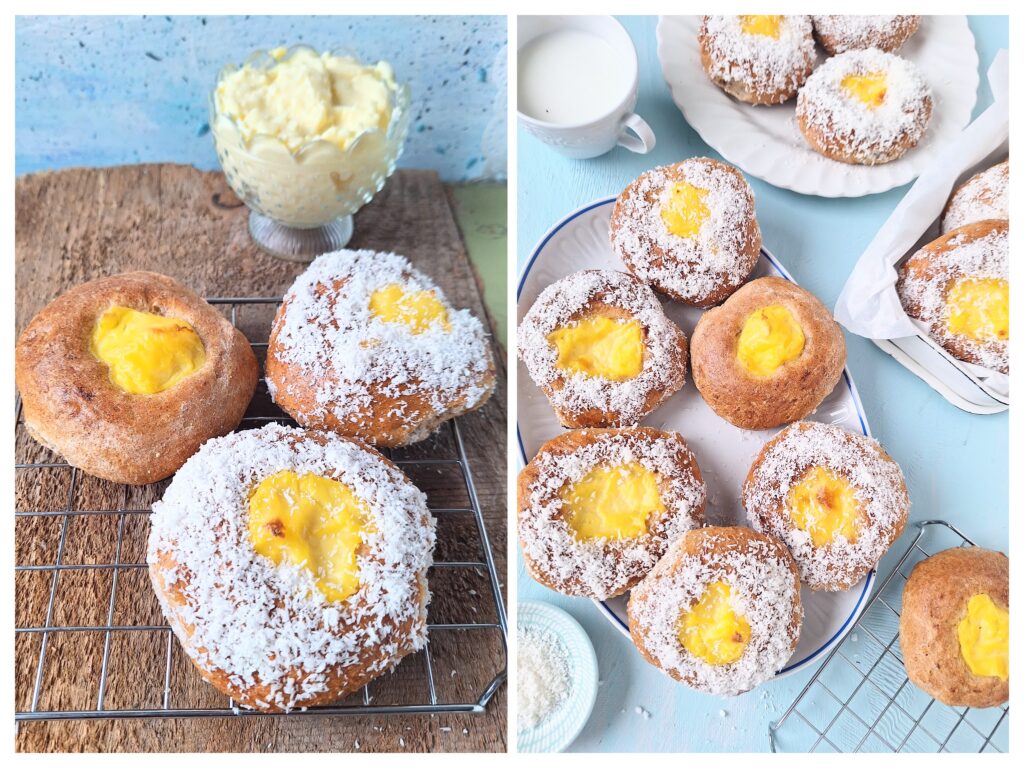 Norwegische Schulbrötchen mit Pudding und Kokosraspeln.