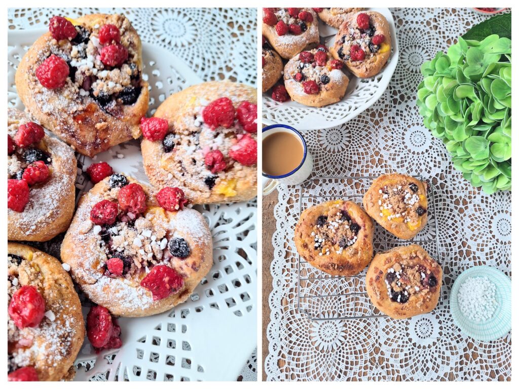 Beerentaler mit Streuseln und frischen Himbeeren oder Hagelzucker.