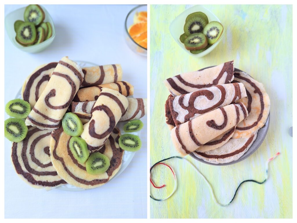 Viele gerollte Wirbelcrepes mit Kiwischeiben.