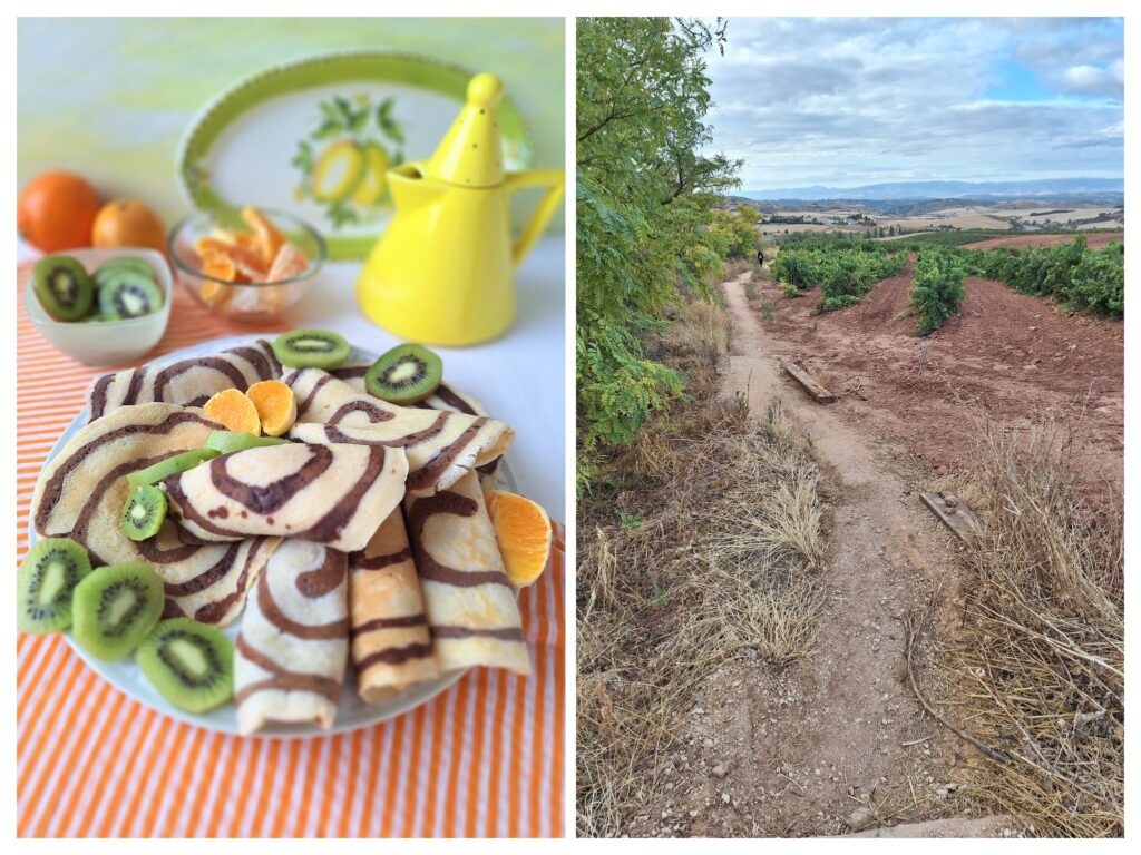 Schokospiral-Crepes mit Kiwischeiben und Orangen und ein Feldweg in Spanien( Camino frances).