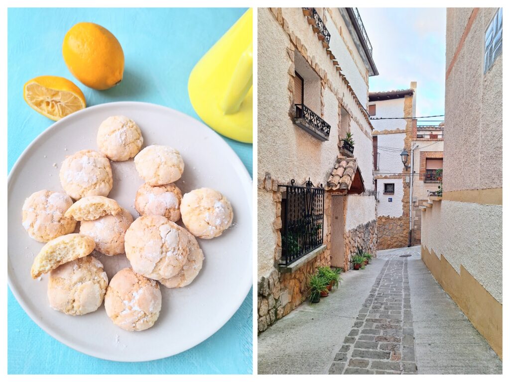 Zitronenkekse auf dem Teller und spanische Strasse rechts.