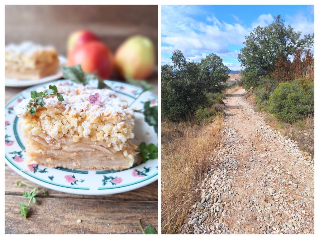 Graue-Renette-Apfelkuchen mit Streuseln und rechts ein Wanderweg in Spanien, Camino Frances.