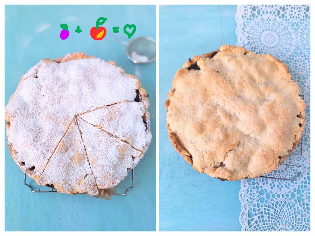 Gedeckter Mürbeteigkuchen mit Puderzucker, rechts ohne Poderzucker.