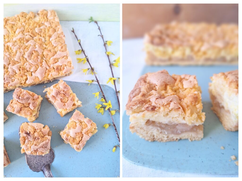 Polnischer Streusel-Baiser-Blechkuchen mit Apfelmus und Forsythienzweig.