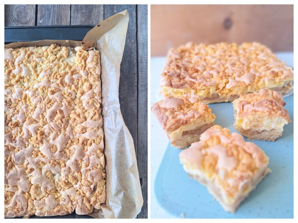 Links ganzer Streusel-Baiser-Blechkuchen und rechts angeschnittener.