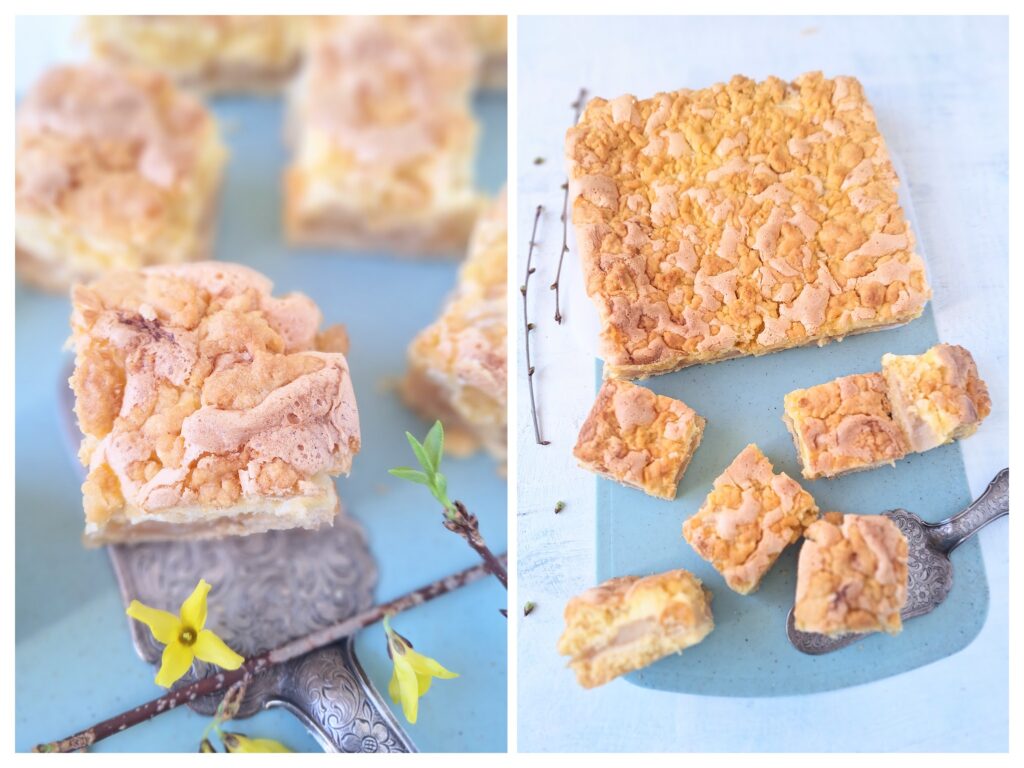 Baiser-Streuselkuchen mit Obst vom Blech in Stücken und  Forsythien-Zweig.