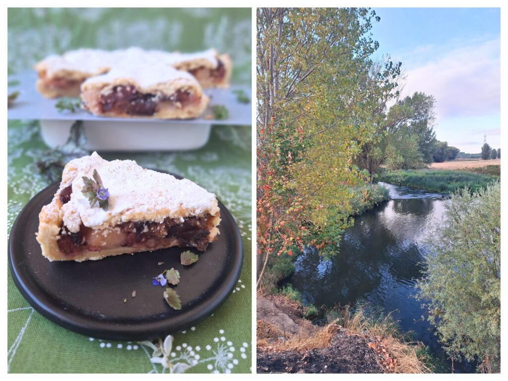 Apfel-Pflaumenkuchen und Fluss Urbel auf Camino Frances hinter Burgos.