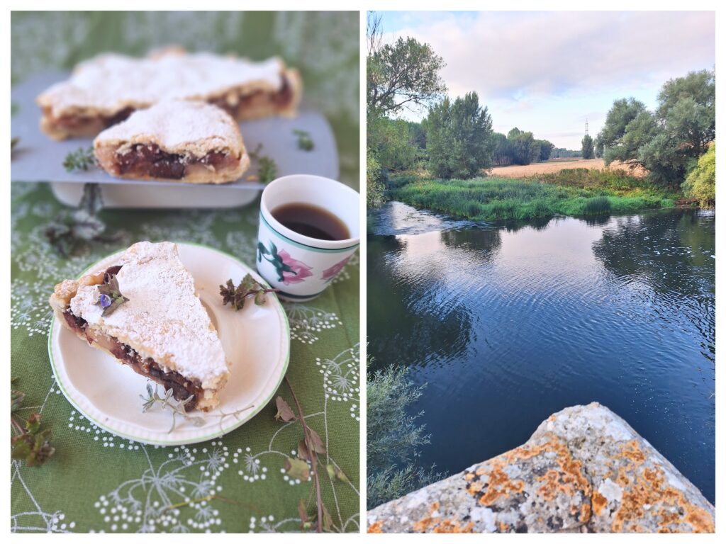 Apfel-Pflaumenkuchen und rechts Fluss Urbel auf Camino Frances hinter Burgos.