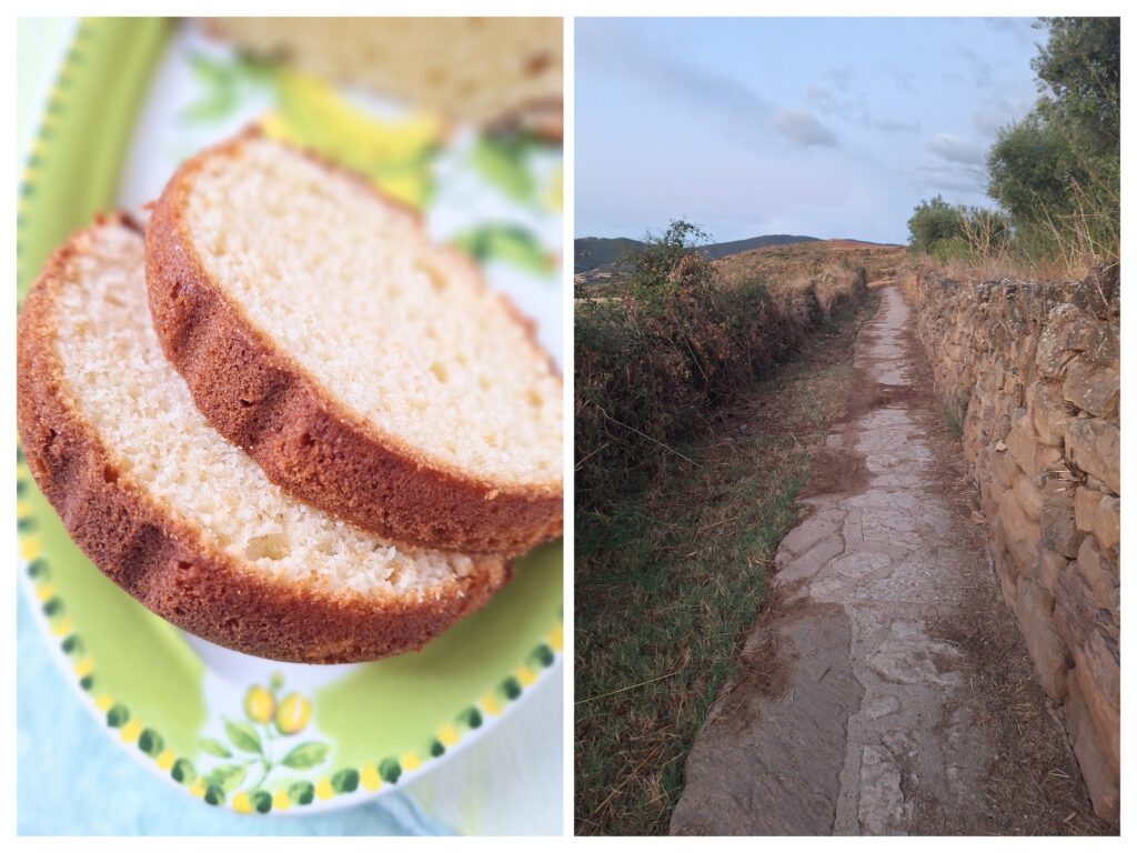 Zwei Scheiben vom Zitronen-Olivenöl-Kuchen und ein Pfad mit Steinmauer auf Camino Frances.