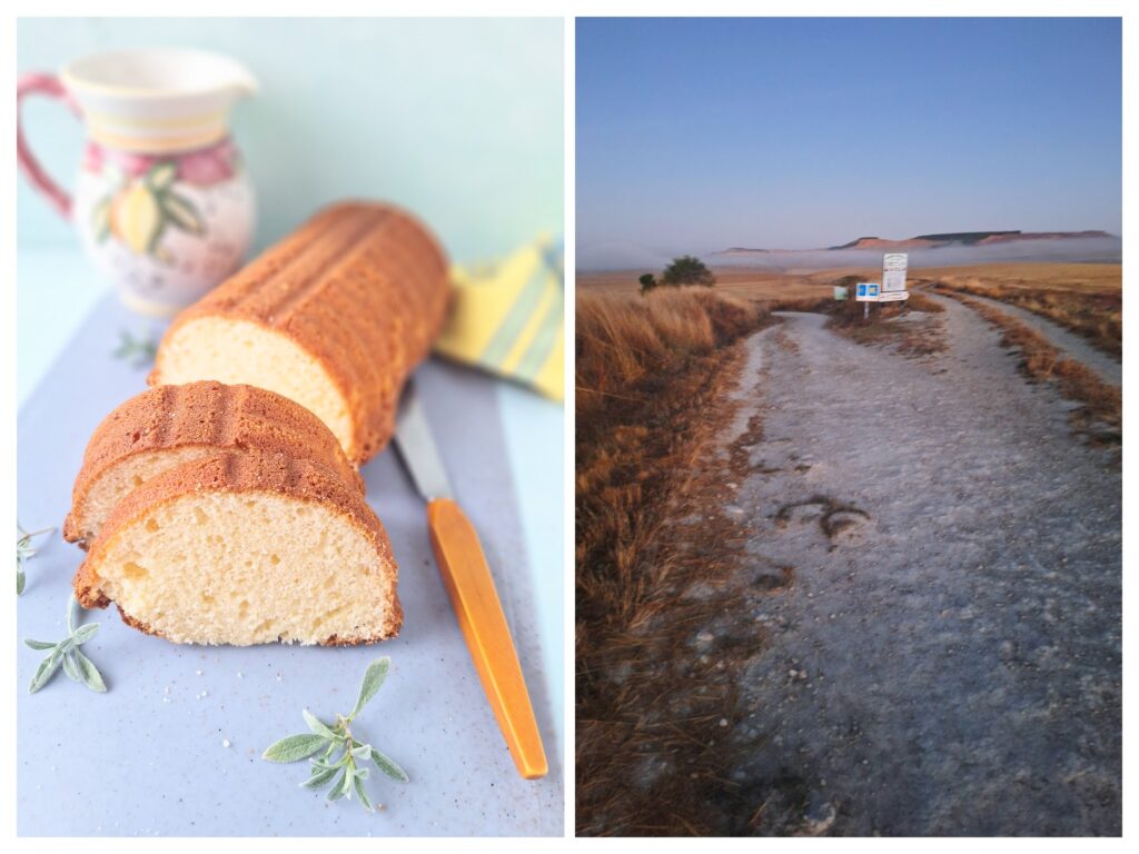 Angeschnittener Olivenöl-Zitronenkuchen und ein Weg auf Camino Frances.
