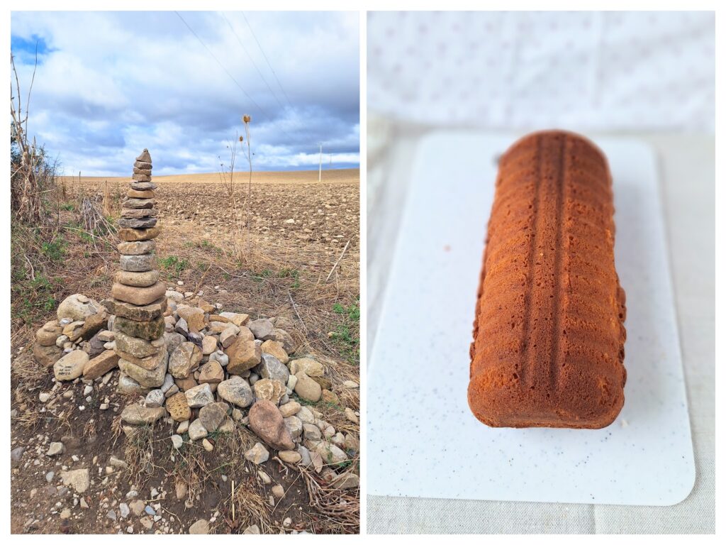 Steinestapel auf Camino Frances und ein ganzer Kuchen aus der Rehrückenform.