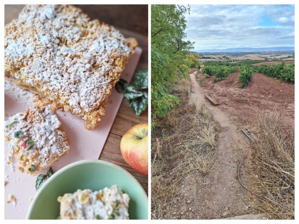 Polnischer Streusel-Apfelkuchen und rechts ein Weg auf Camino Frances.