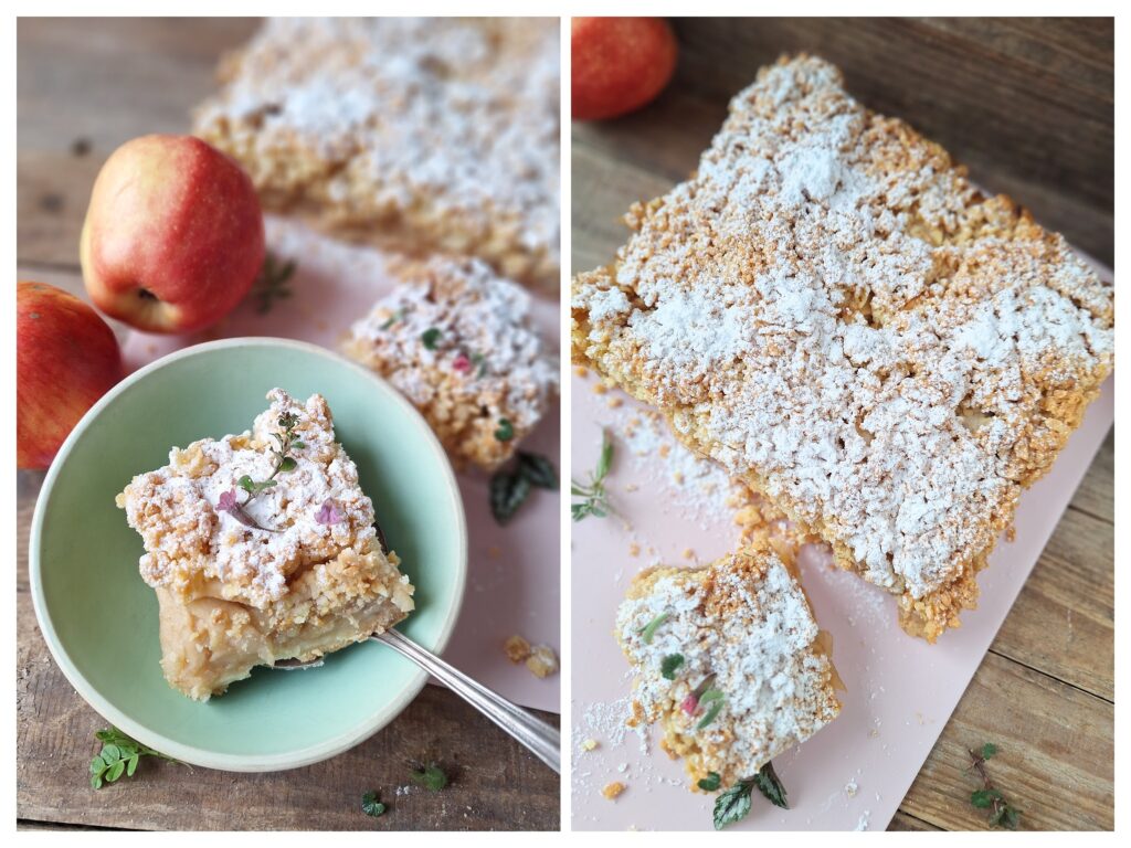 Selbstgemachter Apfelkuchen mit Streuseln.