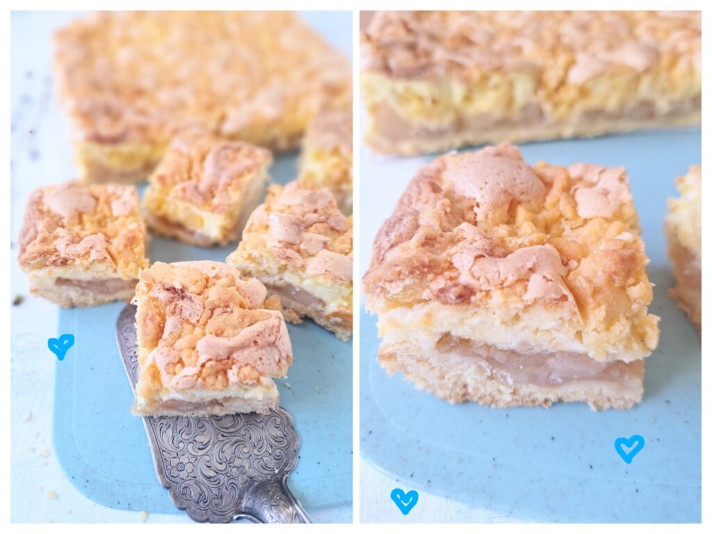 Stücke von Streusel-Baiser-Blechkuchen mit Apfelmus.