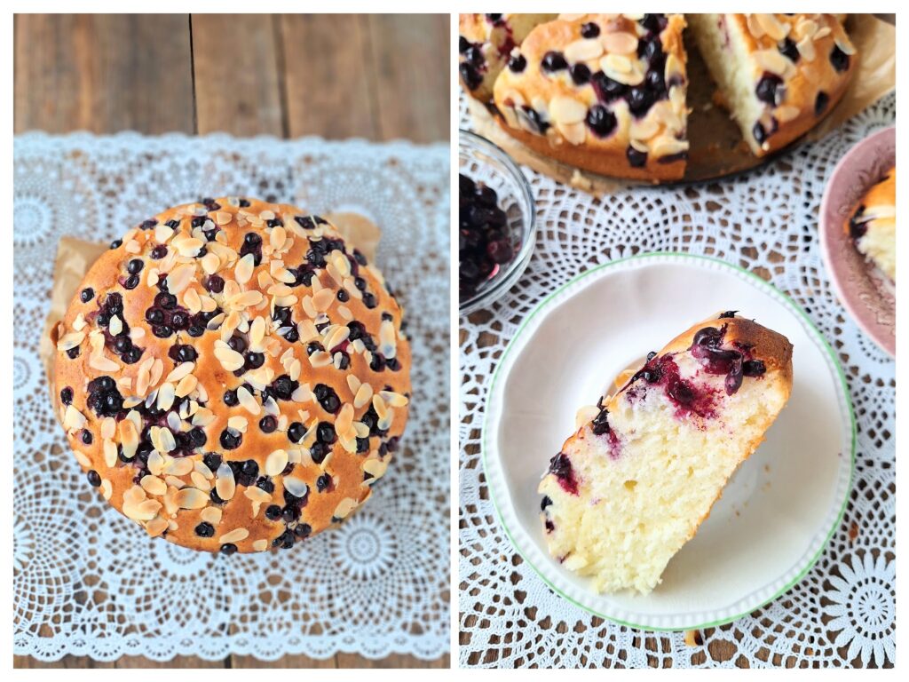Links ganzer runder Beerenkuchen mit Mandelblättchen und rechts ein Kuchenstück.